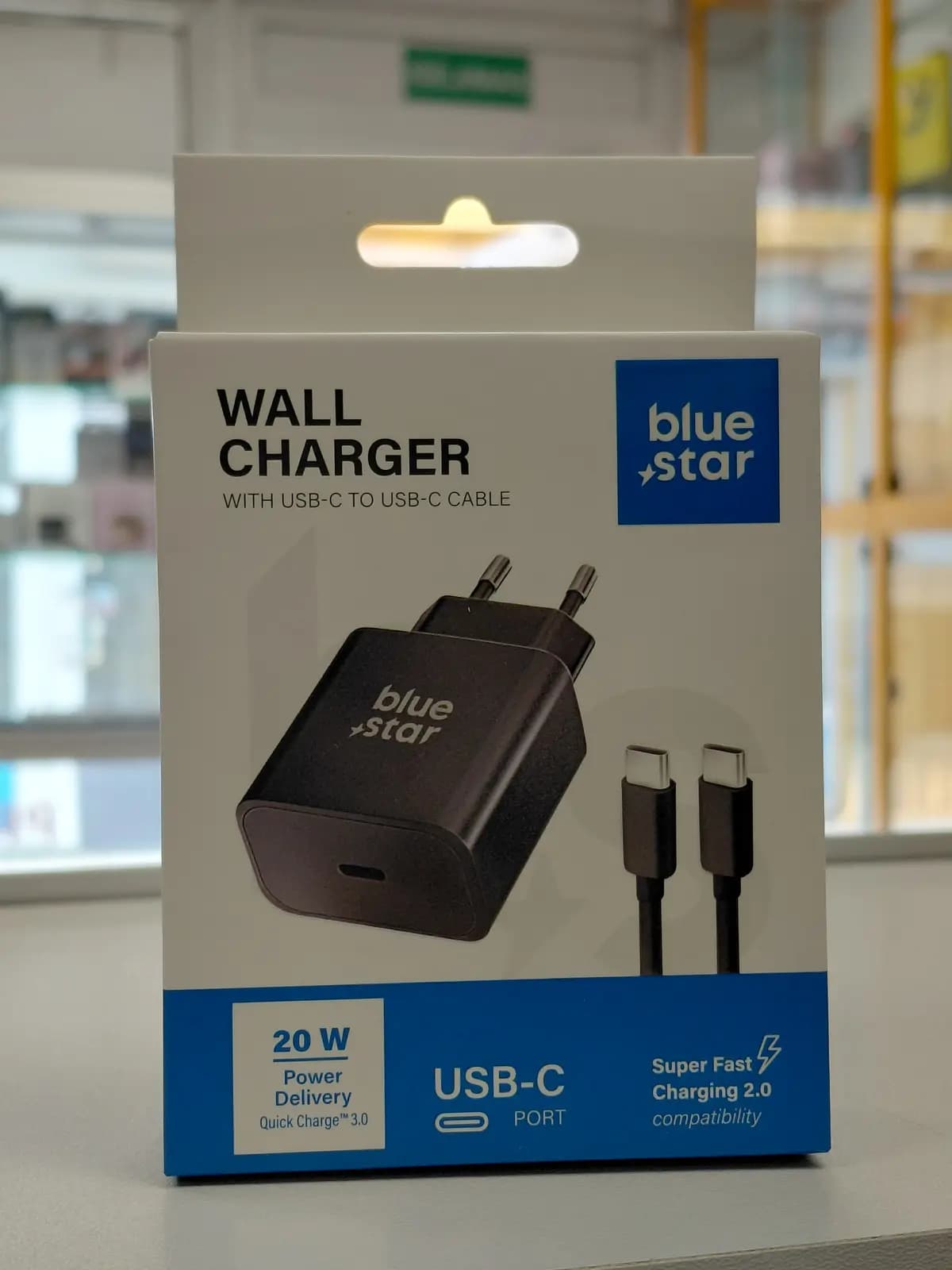 Įkroviklis Blue Star 20W USB-C + USB-C to USB-C cable juodas