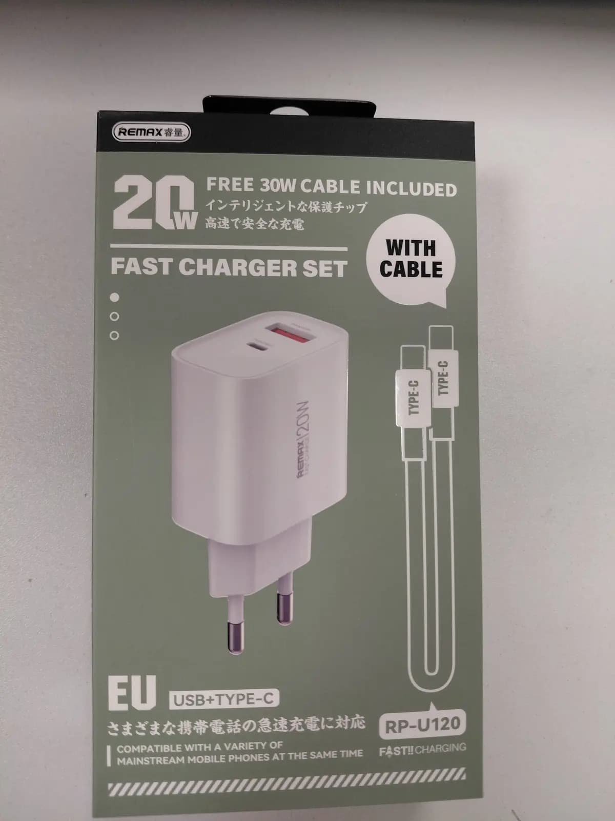 Įkroviklis Remax RP-U120 20W USB-C / USB-A + USB-C to USB-C cable 1.0m baltas