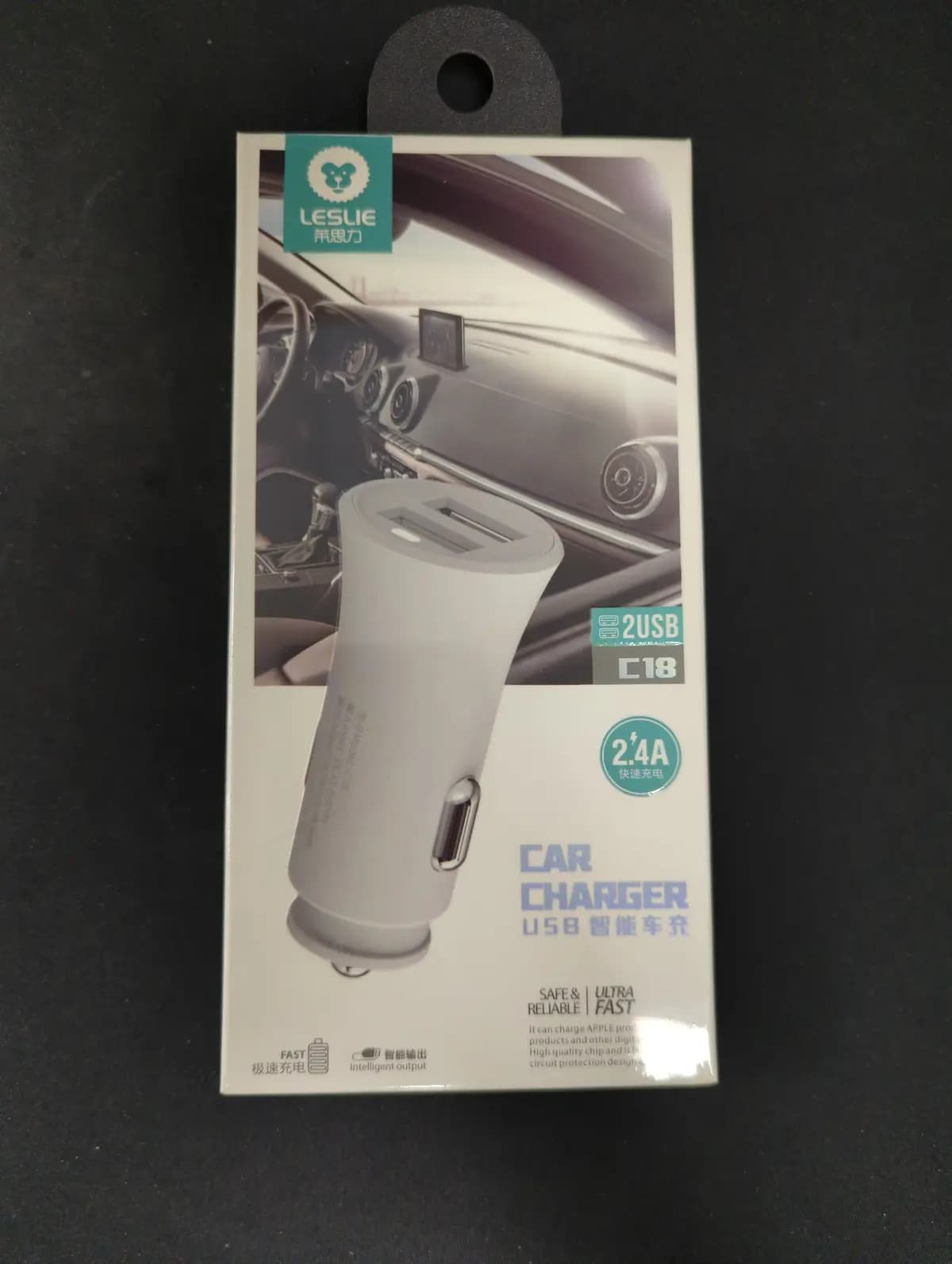 Automobilinis įkroviklis Leslie C18 su 2 USB jungtimis 2.4A (1A