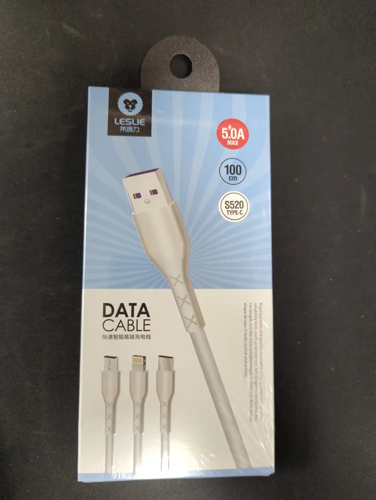 USB kabelis Leslie S520 Type-C QuickCharge 3.0 5A baltas, 1.0m