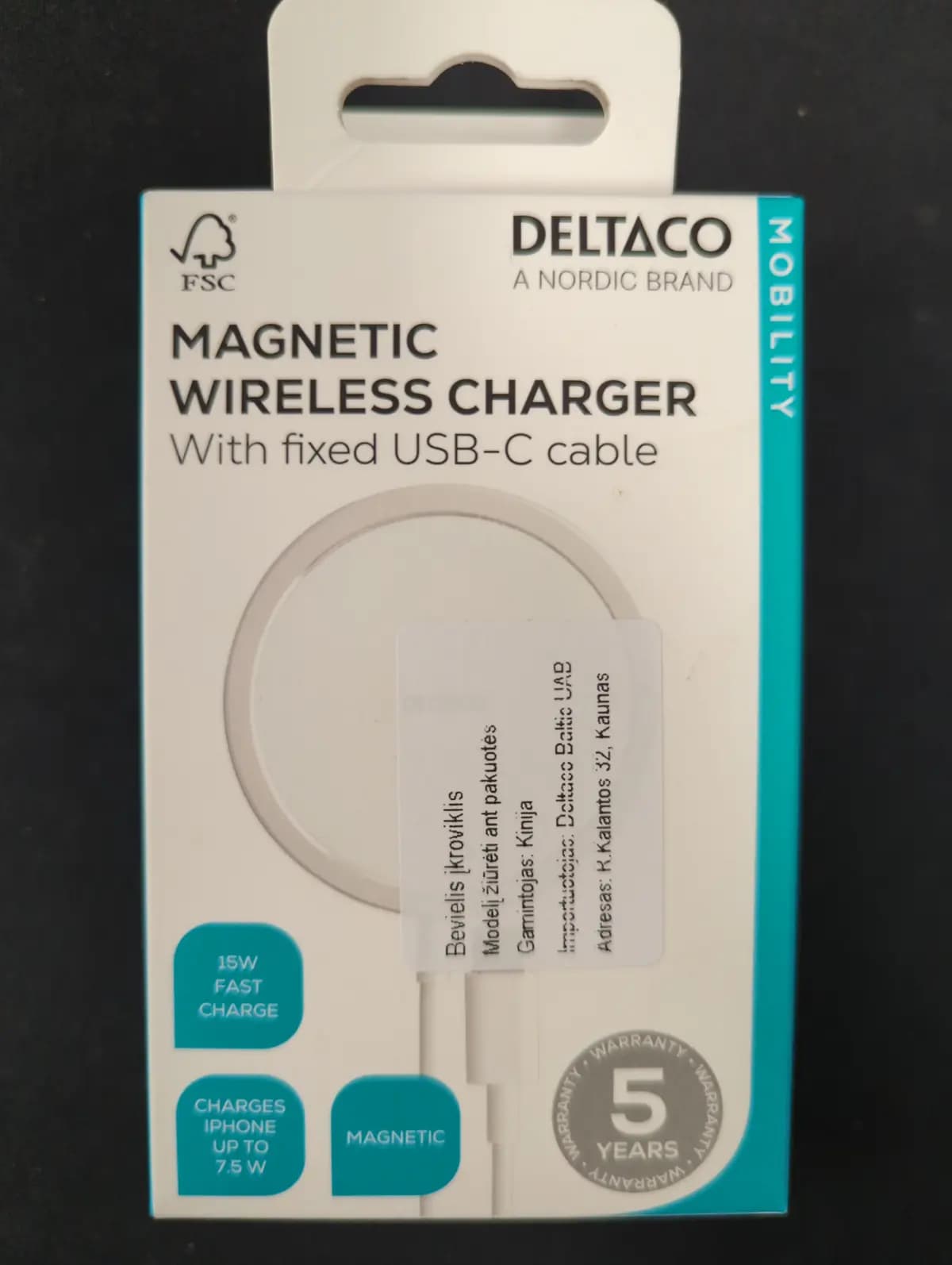 Bevielis įkroviklis DELTACO magnetinis, 5W, USB-C