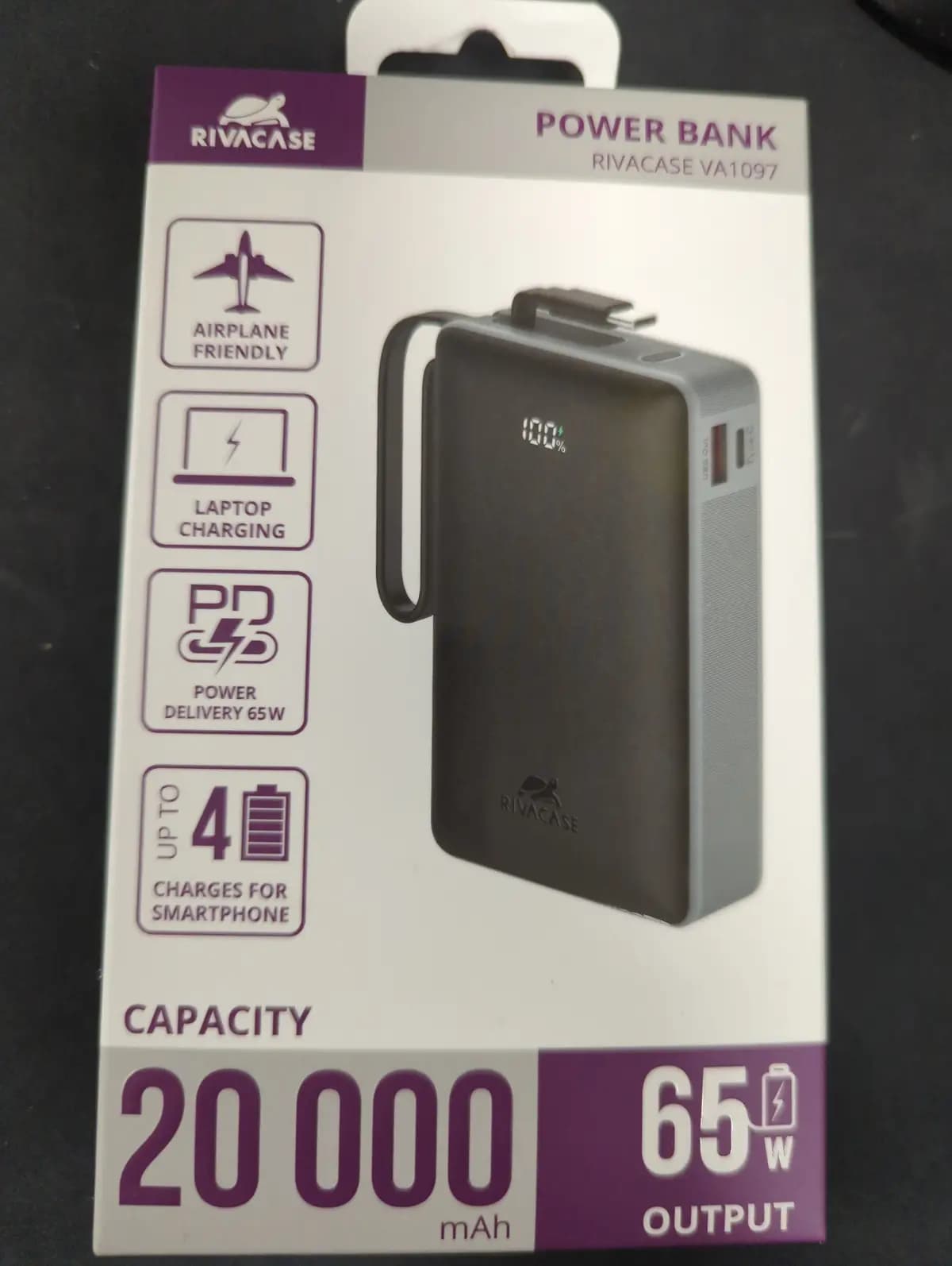 Išorinė baterija Rivacase VA1097 20000 mAh, 65 W, USB