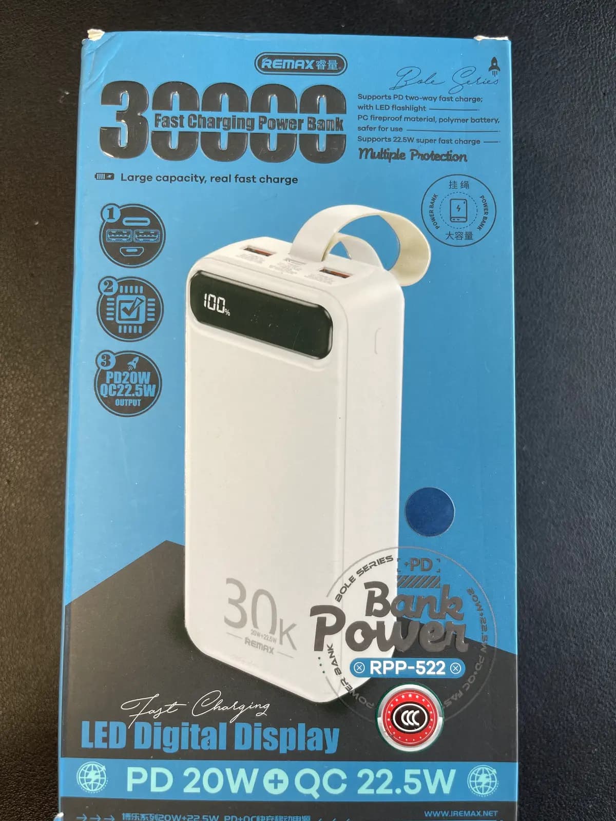 Išorinė baterija Remax RPP-522 30000 mAh, mėlyna
