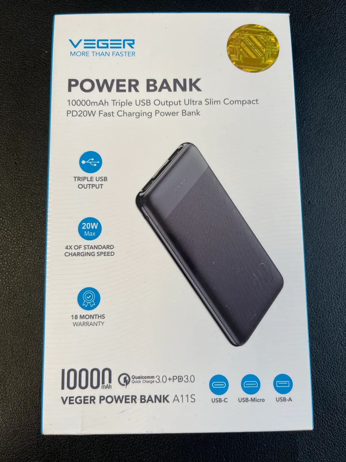 Išorinė baterija OEM VEGER A11S, 10000 mAh, 20 W, juoda