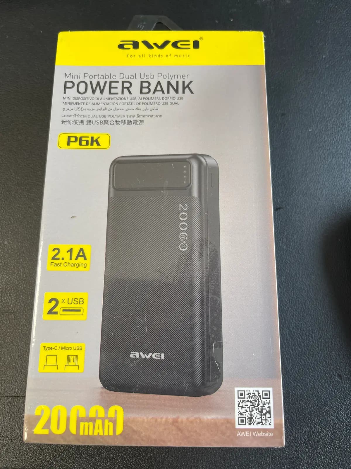 Išorinė baterija Awei P6K 20000 mAh, juoda
