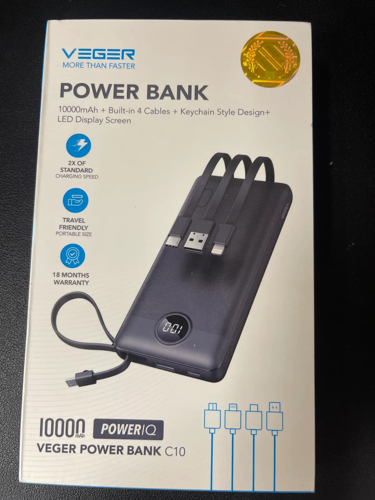 Išorinė baterija Veger C10 10000 mAh, juoda