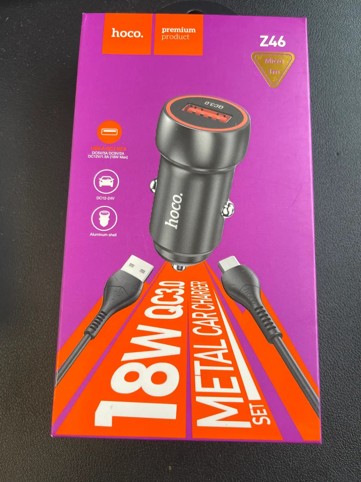 Automobilinis įkroviklis Hoco Z46 USB-A 18W QC3.0 + MicroUSB pilkas