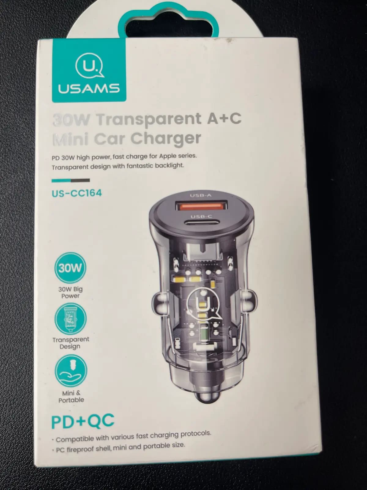 Automobilinis įkroviklis Usams CC164CC01, 1 x USB + 1 x USB-C, 30 W, juodas